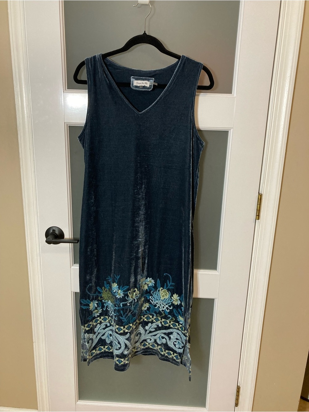 Time for Me Blue/Green Velvet Sleeveless Midi Dress Floral Embroidered Hem M